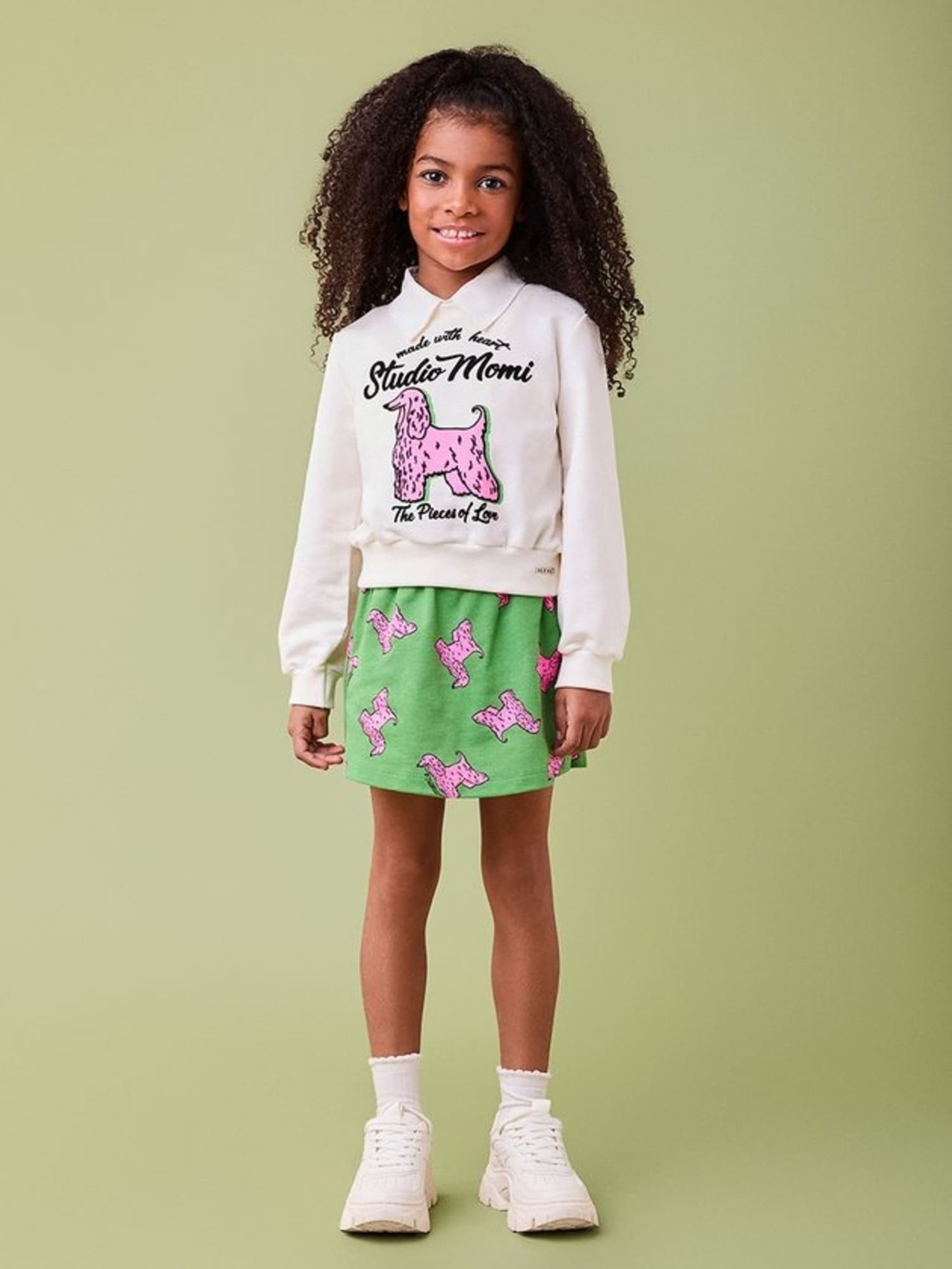 Conjunto Infantil Momi Inverno com Shorts Saia Verde e Moletom sem Flanela Branco Cachorrinha