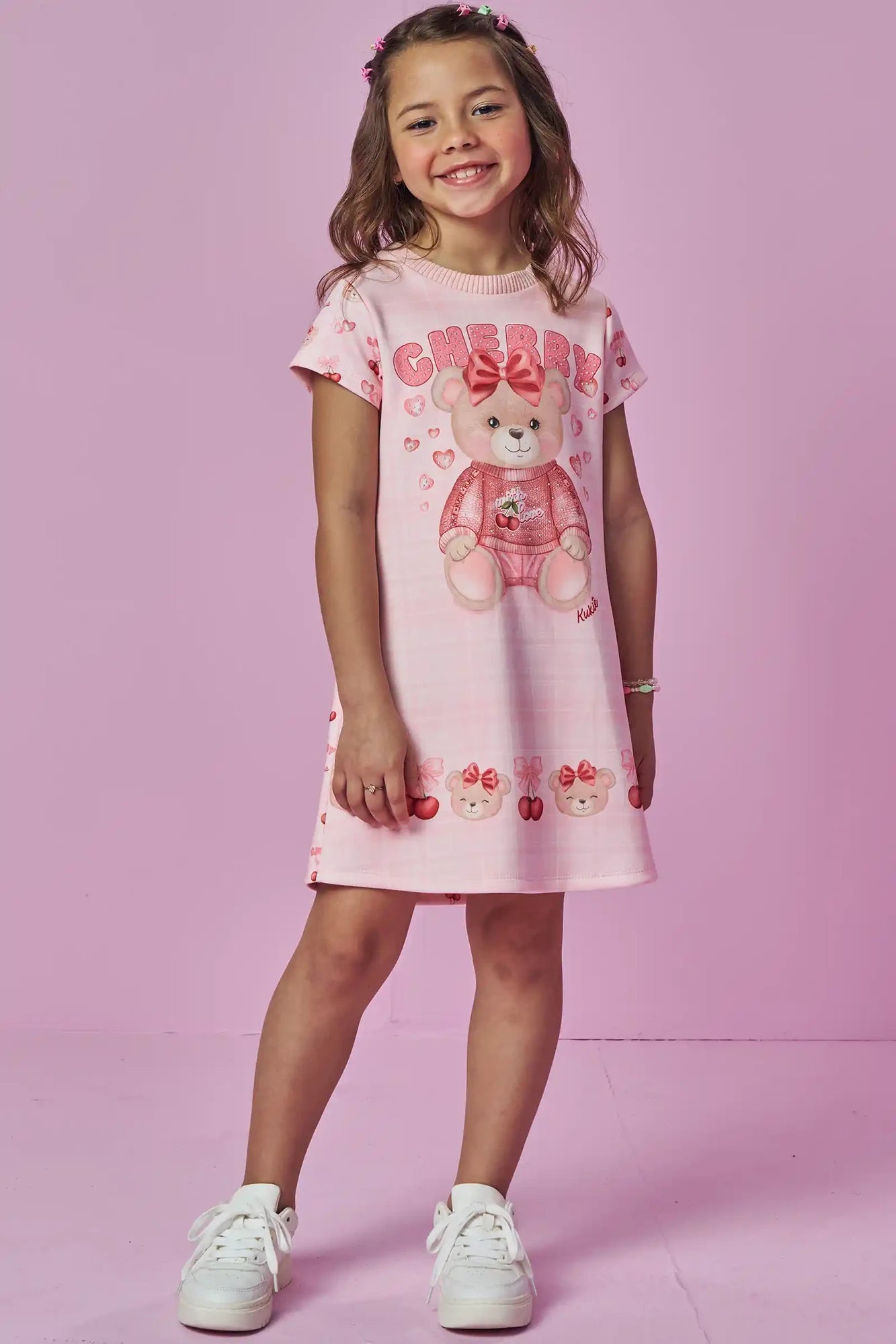 Vestido Infantil Kukiê Inverno Rosa Ursinha Cherry