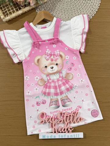 Salopete Infantil Cinti Verão Rosa com Blusa Branca Ursinha Floral