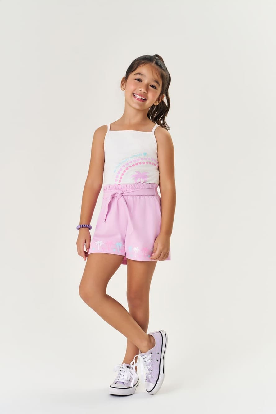 Conjunto Infantil Cinti Verão Shorts Lilás e Regata Coqueiro