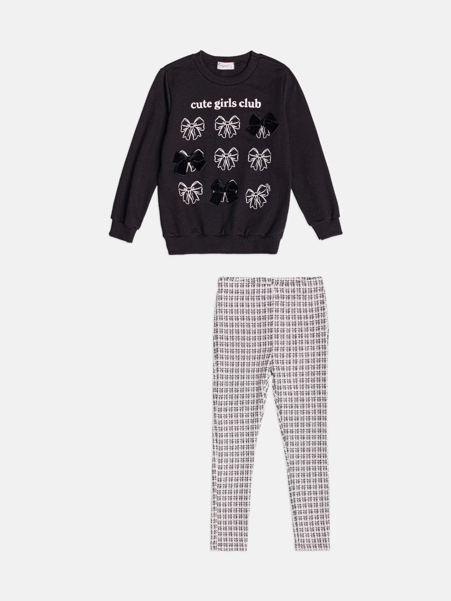 Conjunto Infantil Momi Inverno com Calça Legging e Moletom sem Flanela Preto Cute Girls Club