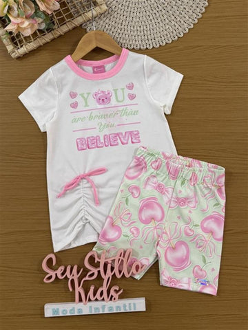 Conjunto Infantil Cinti Verão com Shorts Ciclista Verde e Blusa Branca Ursinha Believe