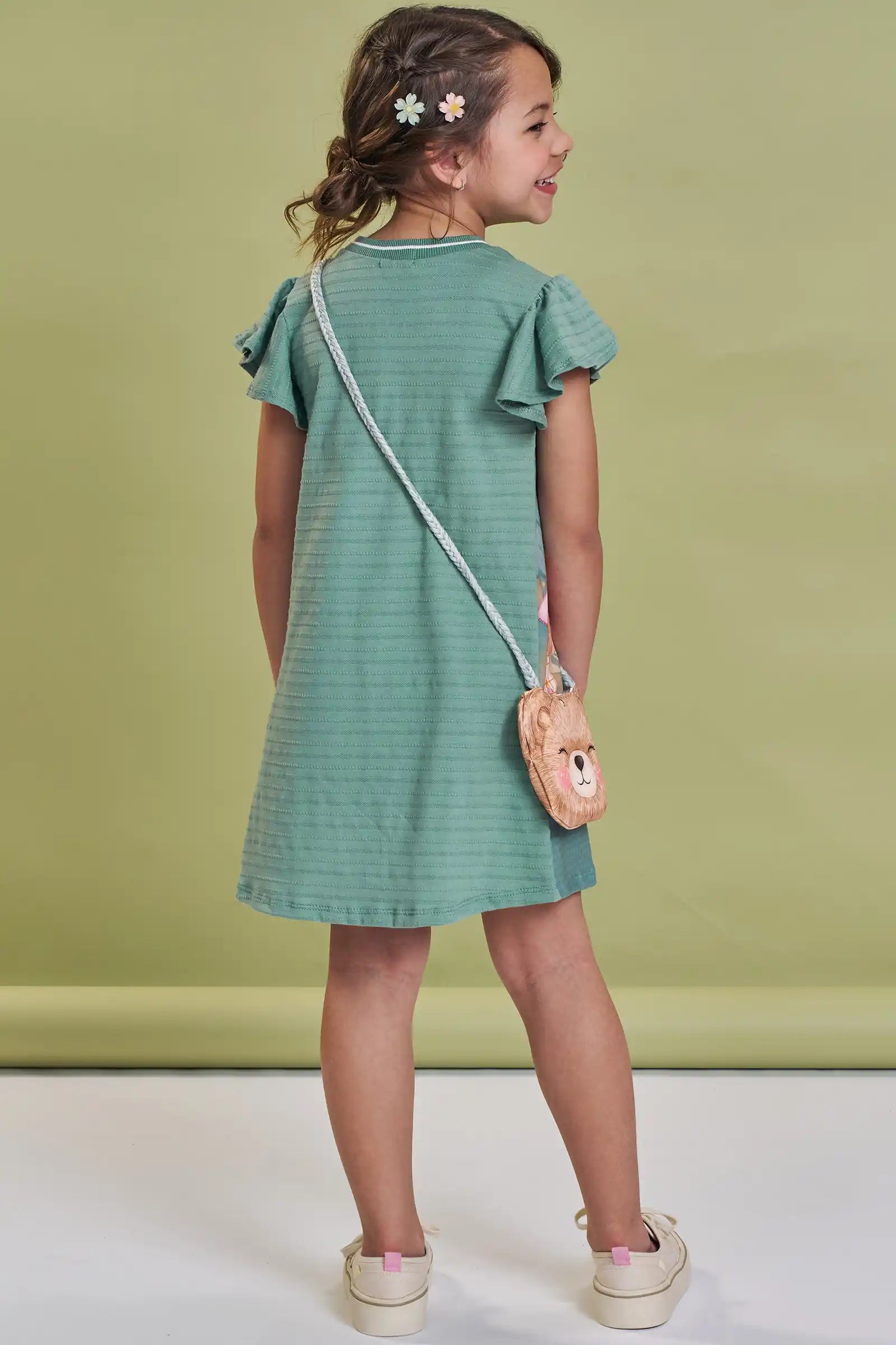 Vestido Infantil Kukiê Inverno Verde com Bolsinha Ursinha Acampamento