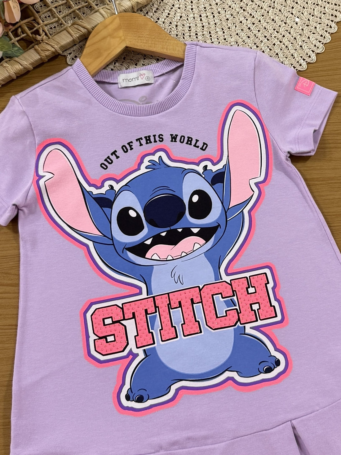 Vestido Infantil Momi Verão Lilás Stitch com Strass Disney