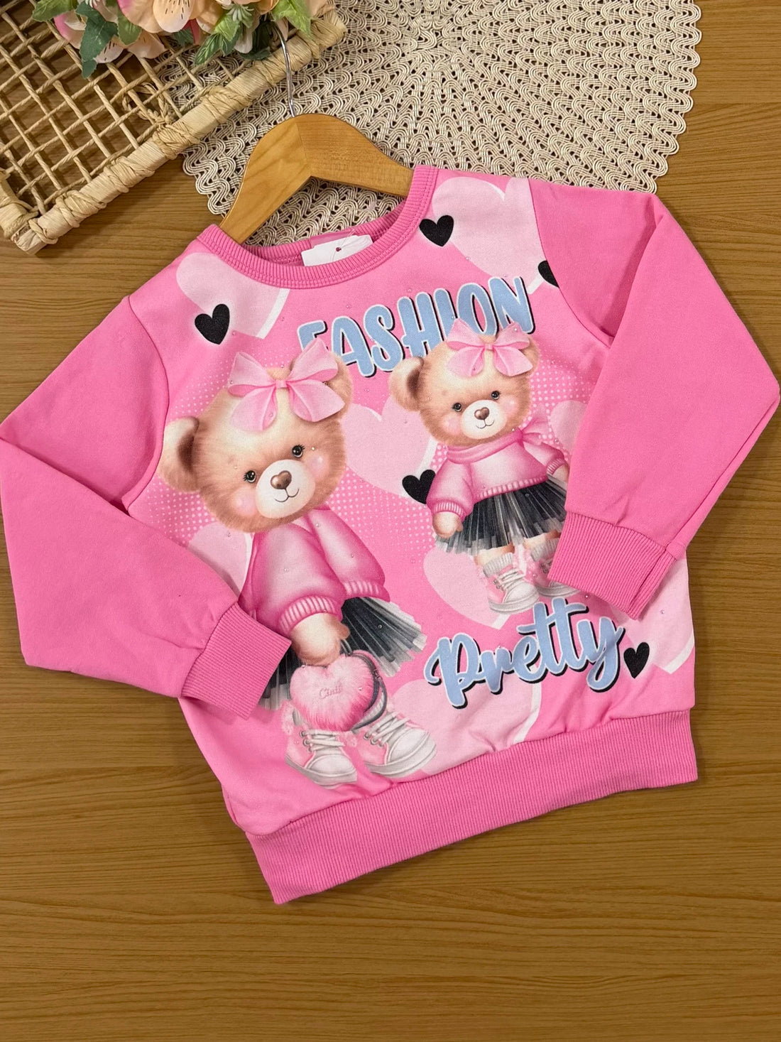 Conjunto Infantil Cinti Inverno com Calça Rosa e Moletom Flanelado Ursinha Fashion