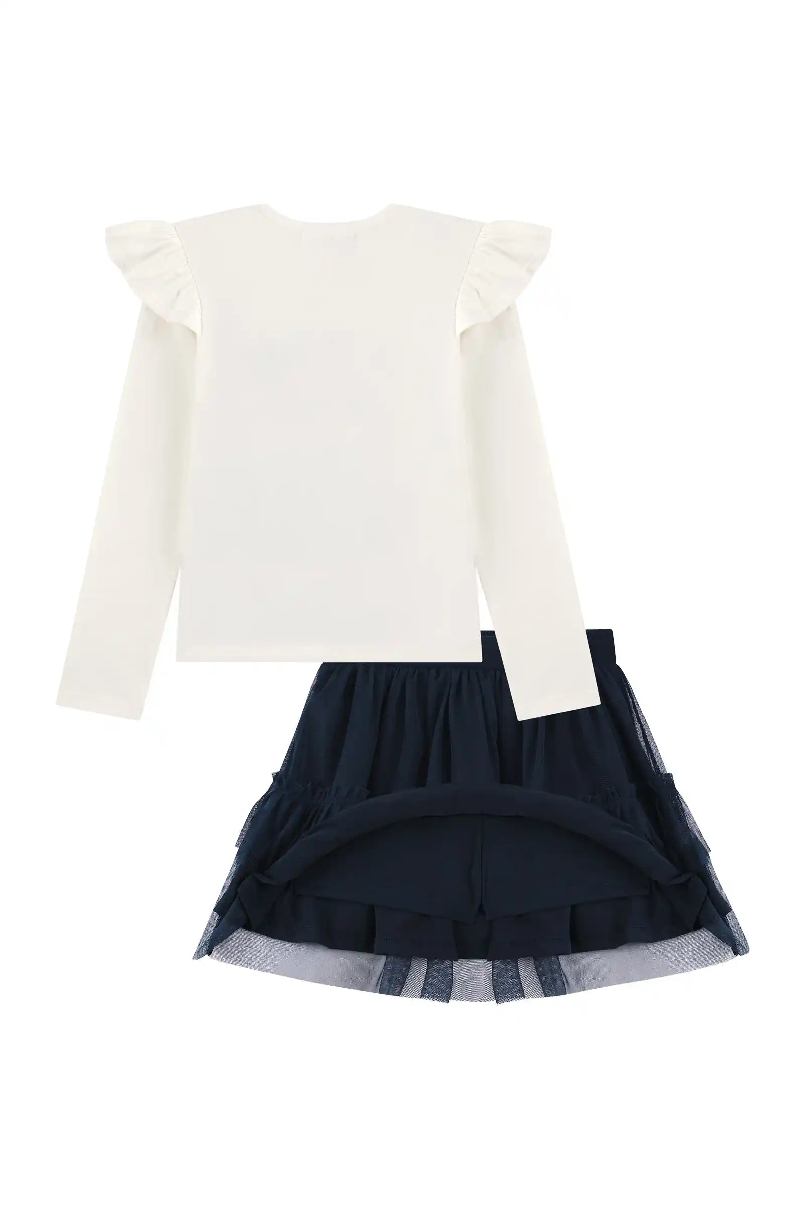 Conjunto Infantil Kukiê Inverno com Saia em Tule Azul Marinho e Blusa Manga Longa Ursinha Love