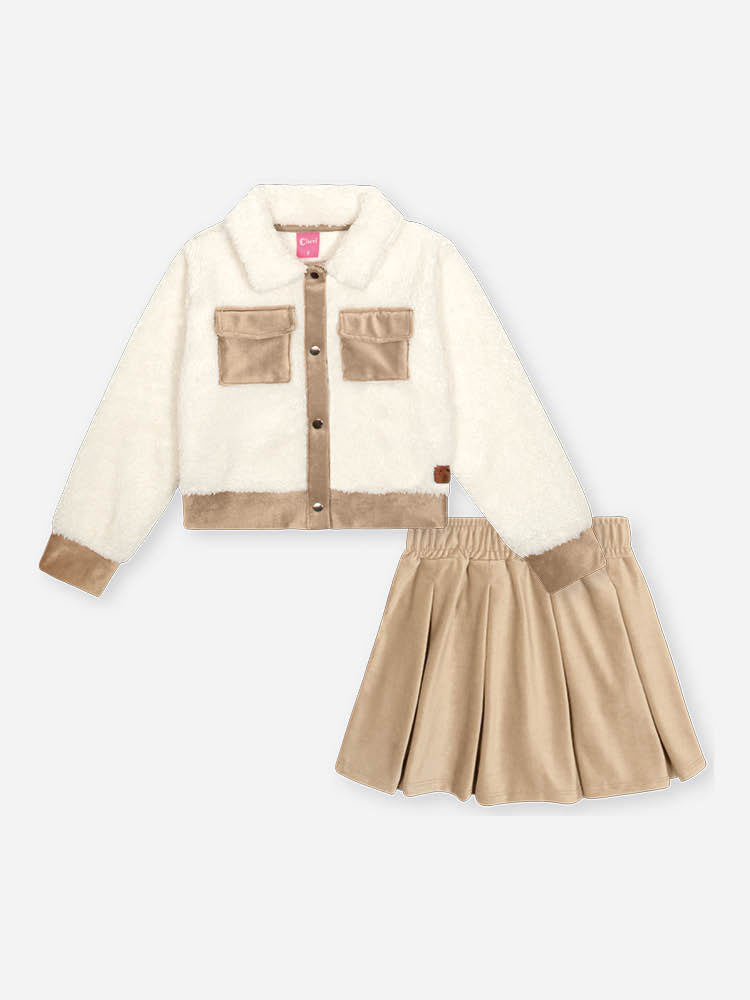 Conjunto Infantil Cinti Inverno com Saia Bege e Jaqueta em Pelo Carneirinho