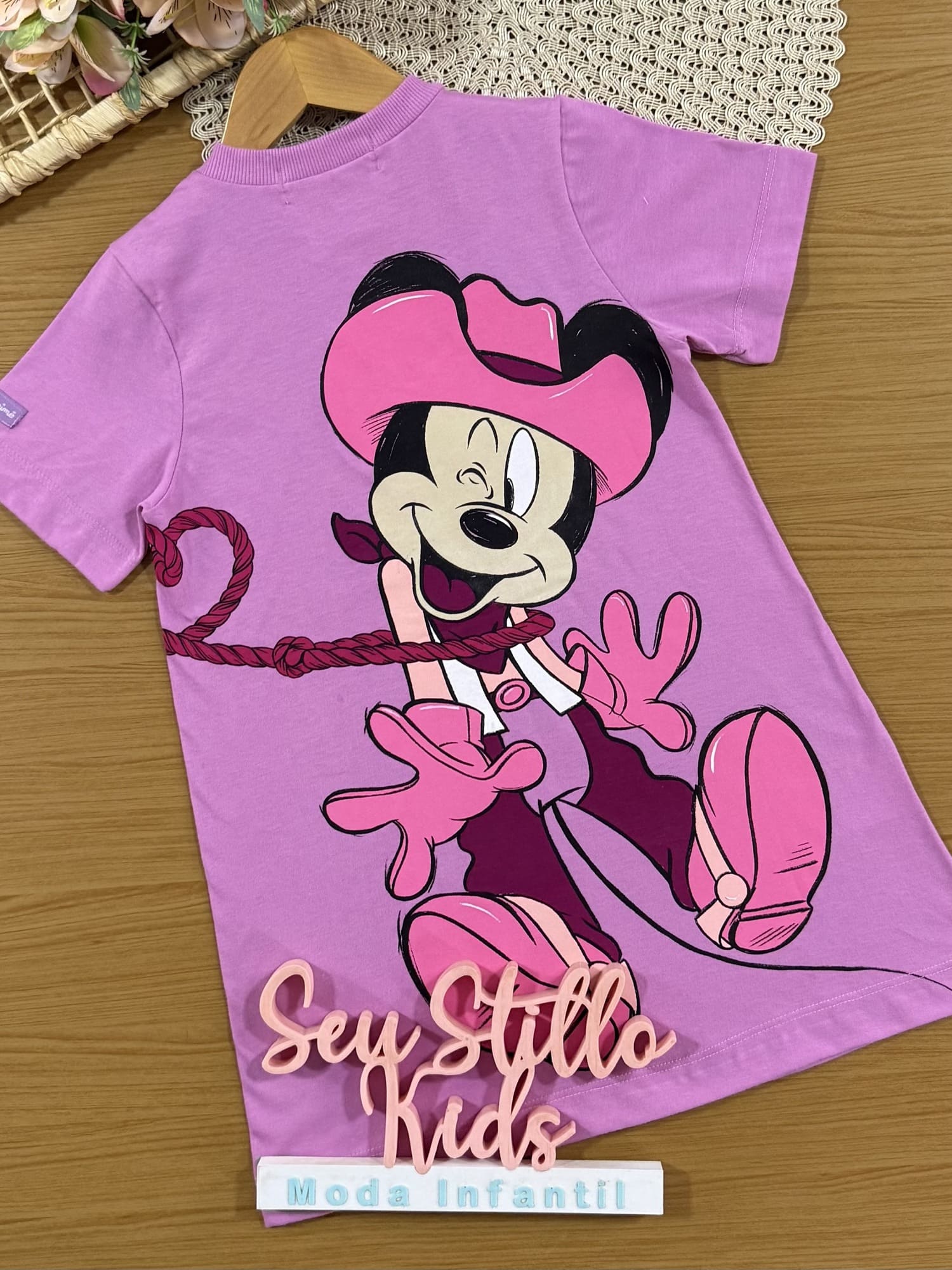 Vestido Infantil Animê Rosa Minnie Cowgirl com Strass Disney