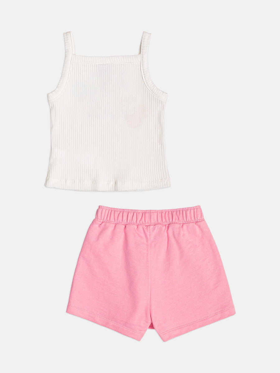 Conjunto Infantil Menina Momi com Short-Saia Rosa e Blusa Branca Chaveirinho
