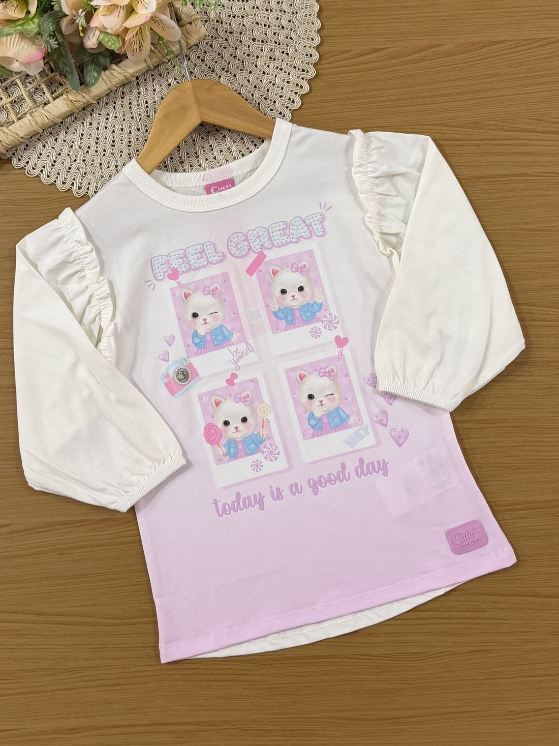 Conjunto Infantil Cinti Inverno com Calça Leggnig Rosa e Blusa Manga Longa Gatinha Feel Great