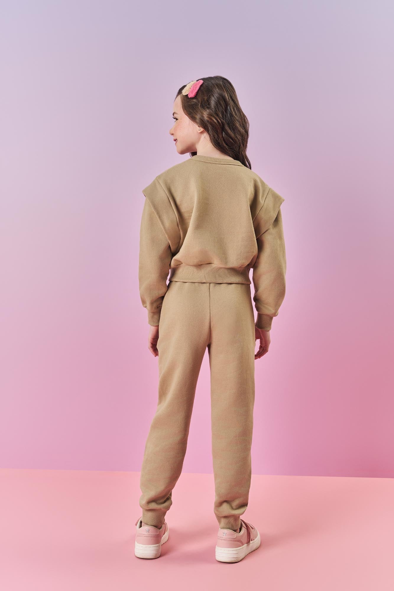 Conjunto Infantil Cinti Inverno Calça e Moletom Flanelado Bege Ursinho Coração