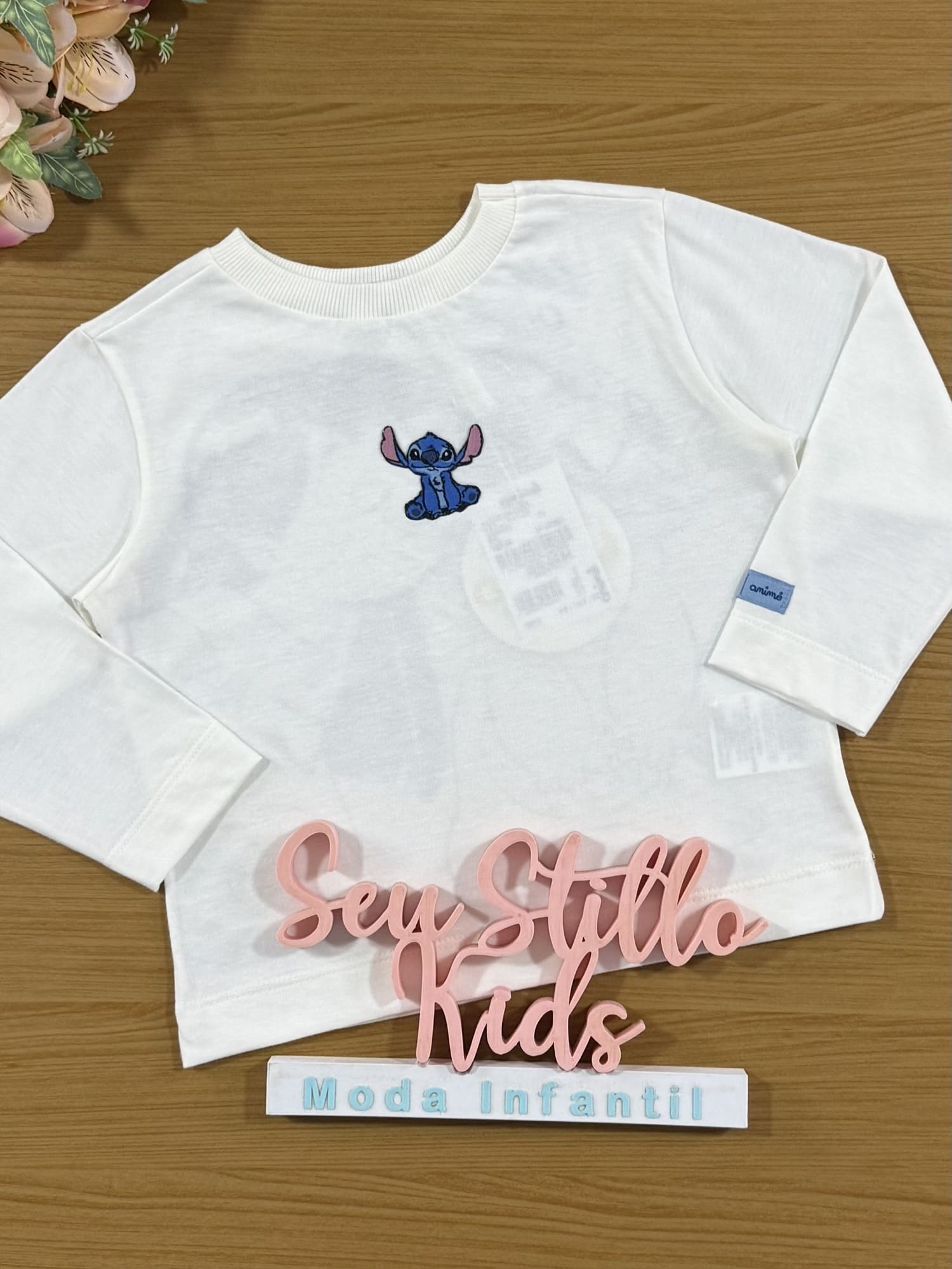 Blusa Infantil Animê Inverno Manga Longa Branca Stitch Disney