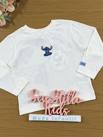 Blusa Infantil Animê Inverno Manga Longa Branca Stitch Disney