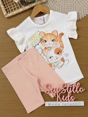 Conjunto Infantil Kukiê com Shorts Ciclista Rosa e Blusa Branca Gatinhas