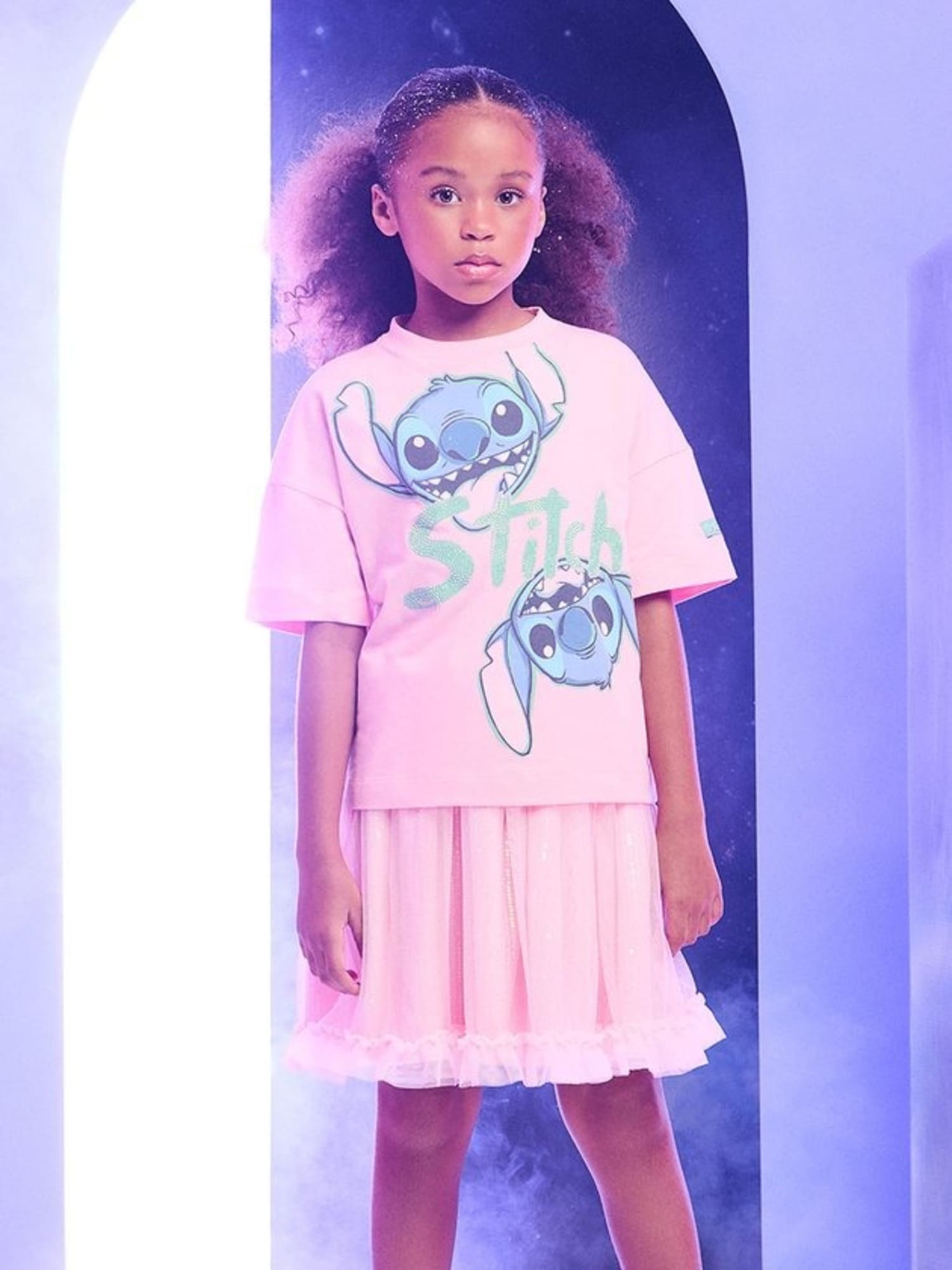 Blusa Infantil Animê Rosa Stitch com Strass Disney