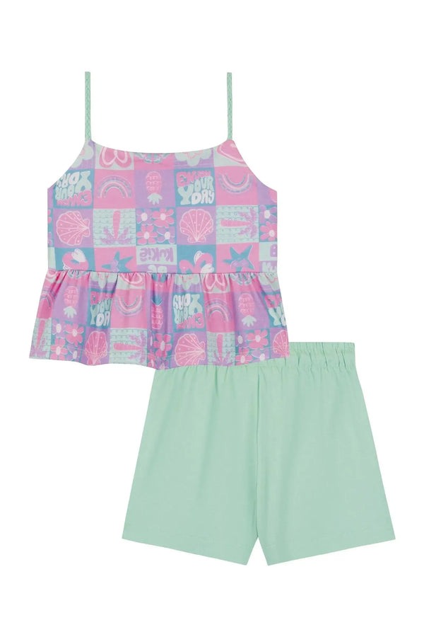 Conjunto Infantil Kukiê Verão com Shorts Azul e Blusa Estampada