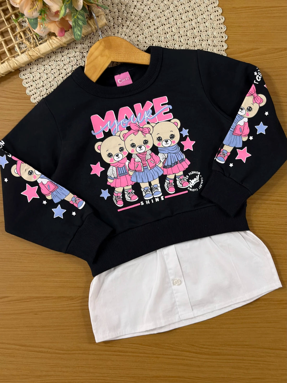 Conjunto Infantil Cinti Inverno com Calça Legging Holografica e Moletom Flanelado Ursinhas