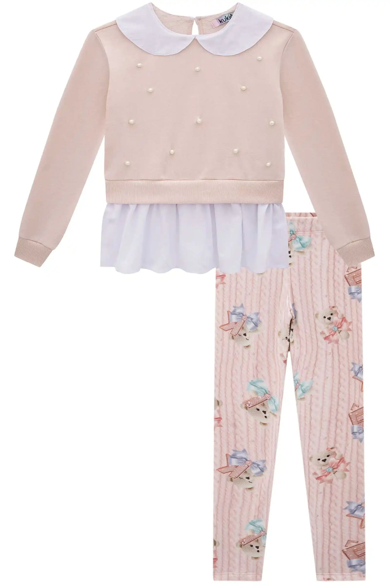Conjunto Infantil Kukiê Inverno com Calça e Casaco Rosa com Pérolas