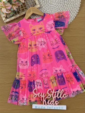 Vestido Infantil Bimbi Verão Rosa com Tule Gatinhos