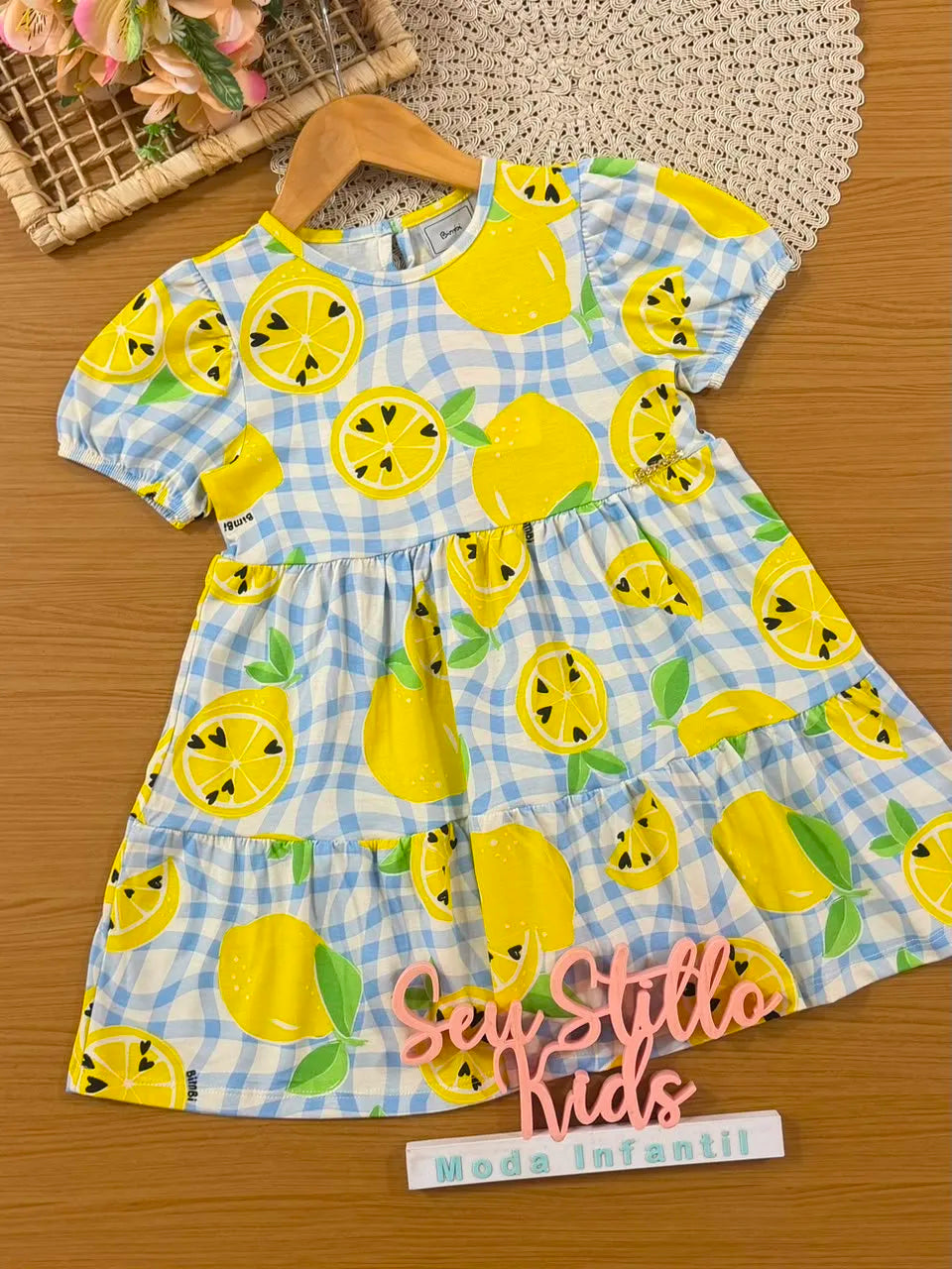 Vestido Infantil Bimbi Xadrez Azul Limões