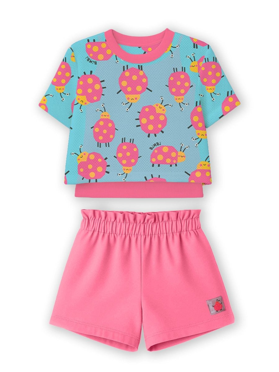 Conjunto Infantil Bimbi Verão, Shorts e Regata Rosa com Sobreposição em Tela Joaninha