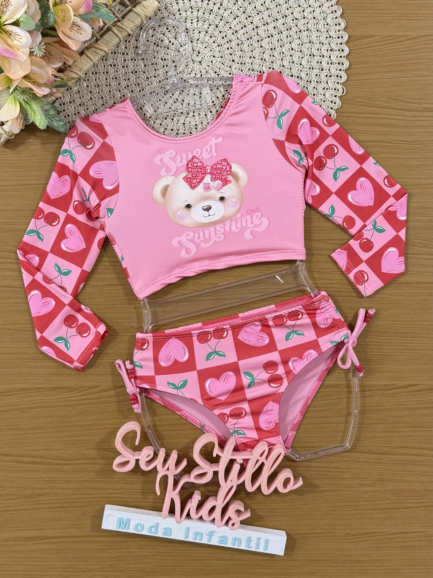 Biquíni Infantil Cinti Verão Manga Longa Rosa Ursinha