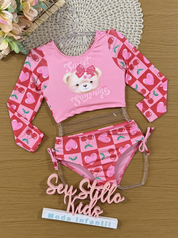 Biquíni Infantil Cinti Verão Manga Longa Rosa Ursinha
