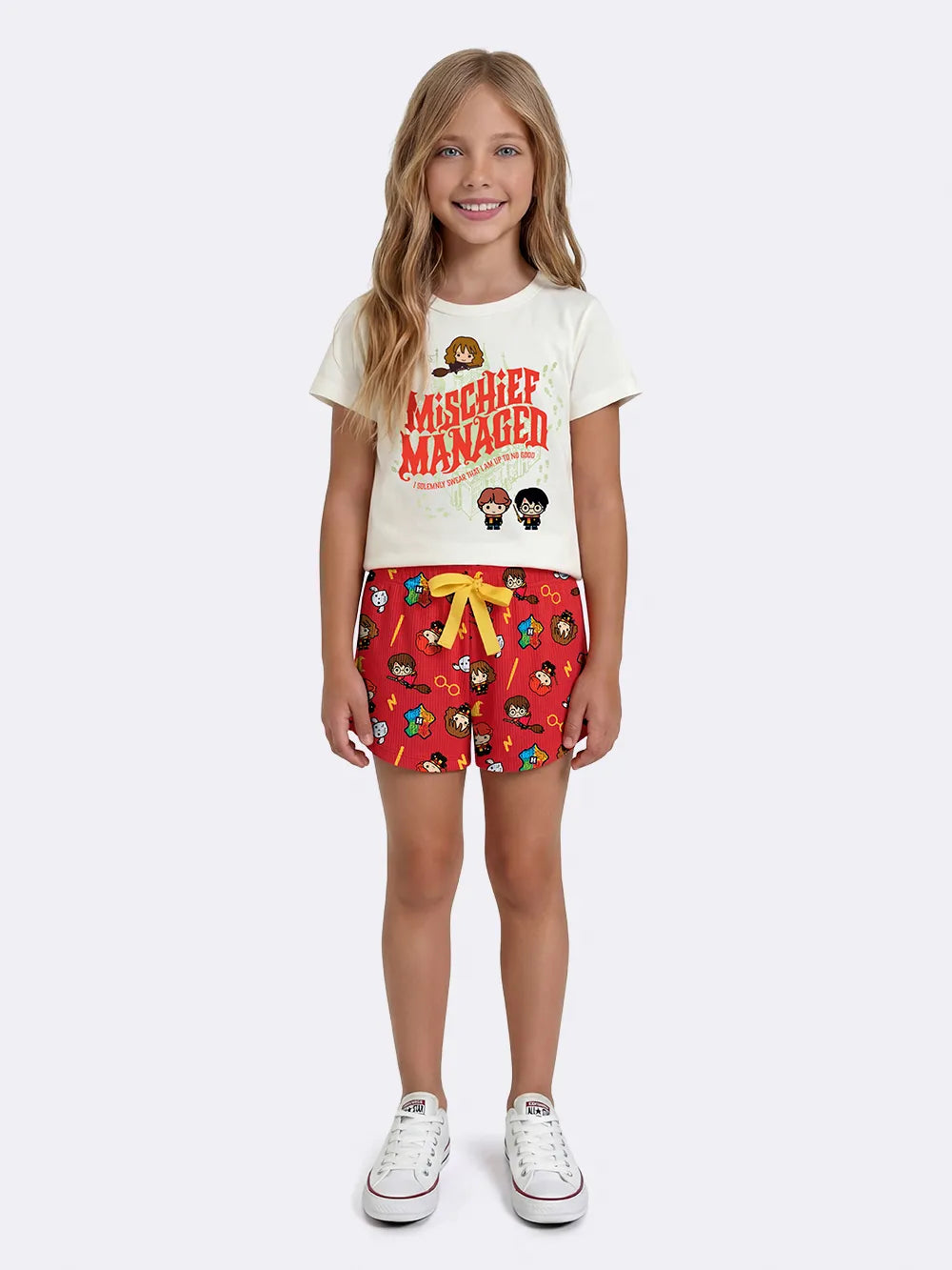 Pijama Infantil Menina Veggi com Shorts Vermelho e Blusa Harry Potter