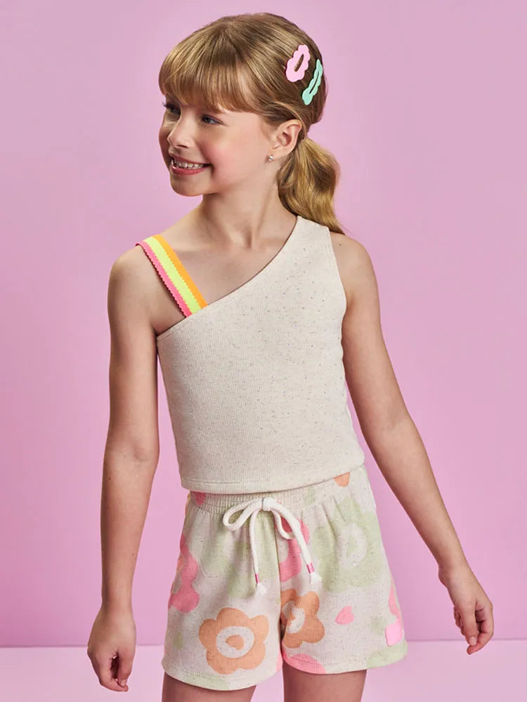 Conjunto Infantil Cinti Inverno Com Shorts e Cropped Bege Flores