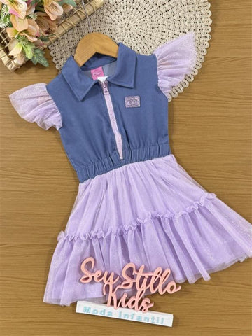 Vestido Infantil Cinti Verão Azul com Detalhes em Tule