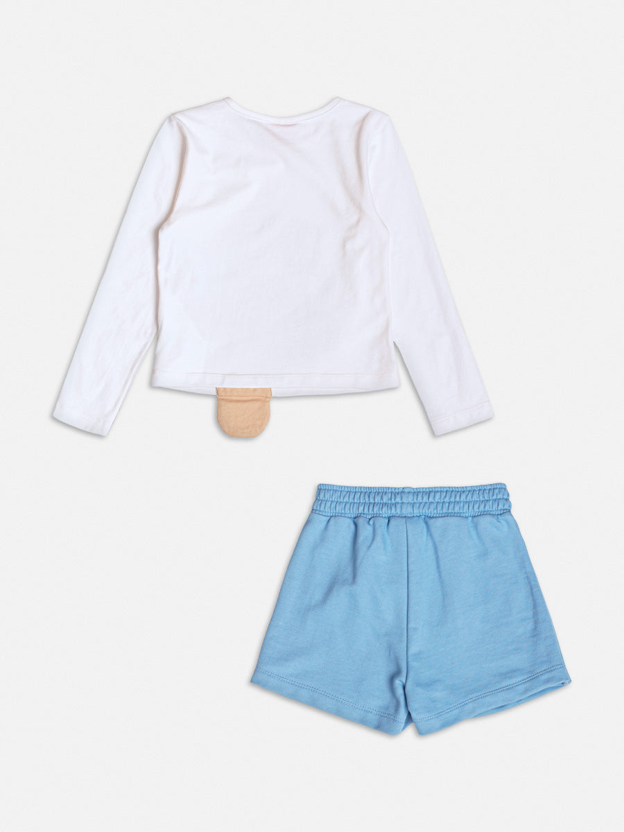 Conjunto Infantil Momi Inverno com Short-Saia Azul e Blusa Manga Longa Ursinha