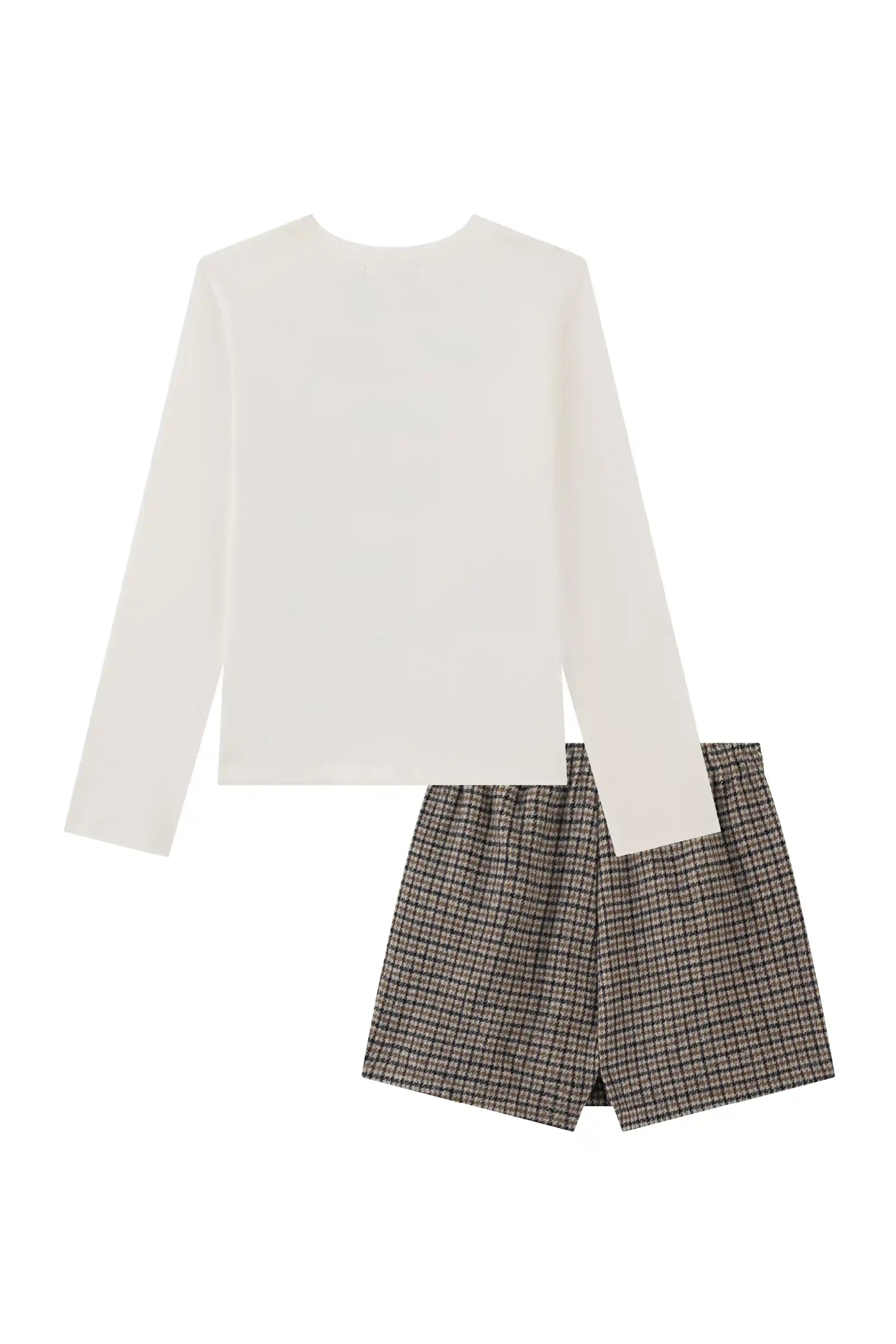 Conjunto Infantil Kukiê Inverno com Shorts Saia Xadrez e Blusa Manga Longa Ursinha Livrinho