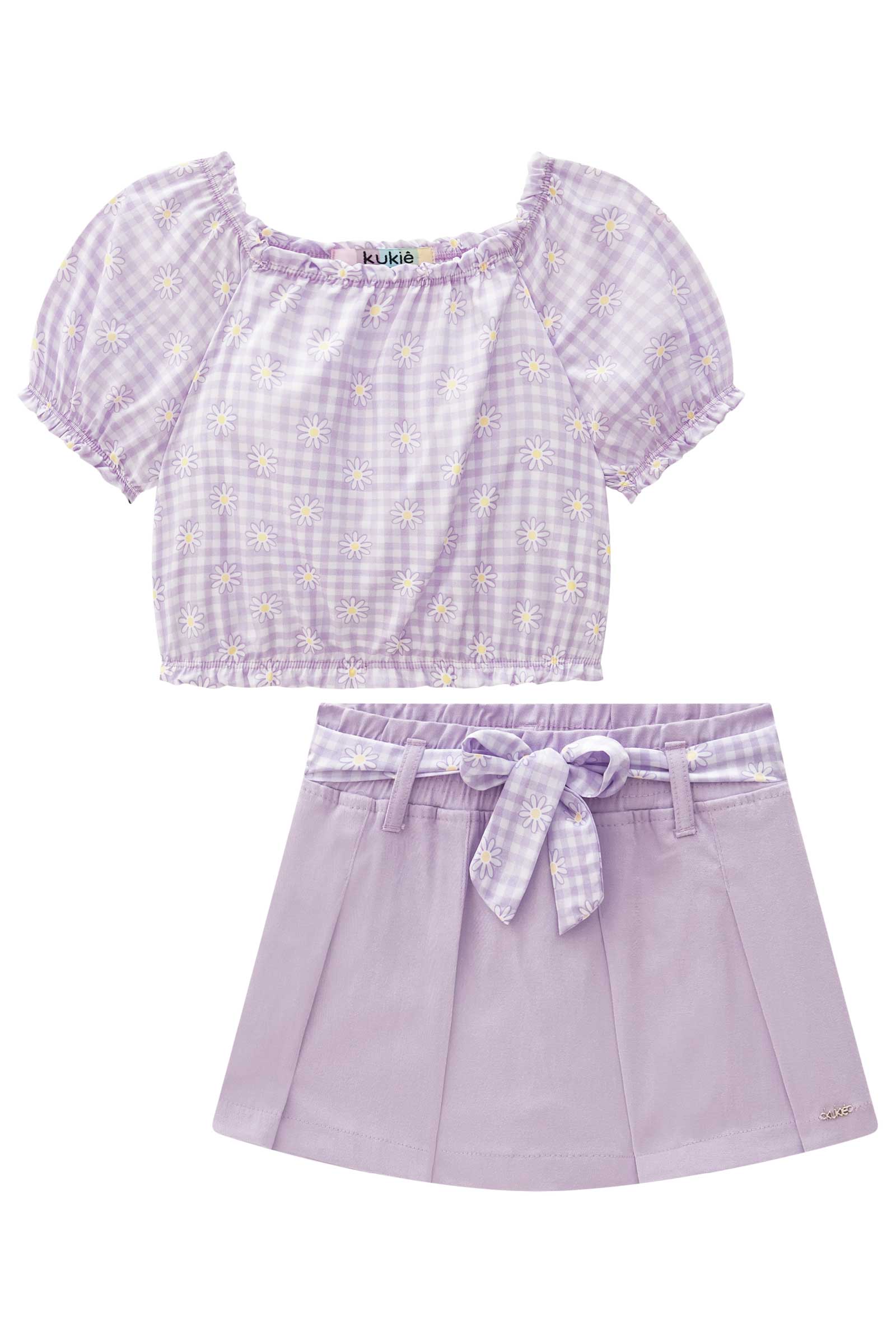 Conjunto Infantil Kukie Verão Com Shorts Saia Lilás e Blusa Florzinha
