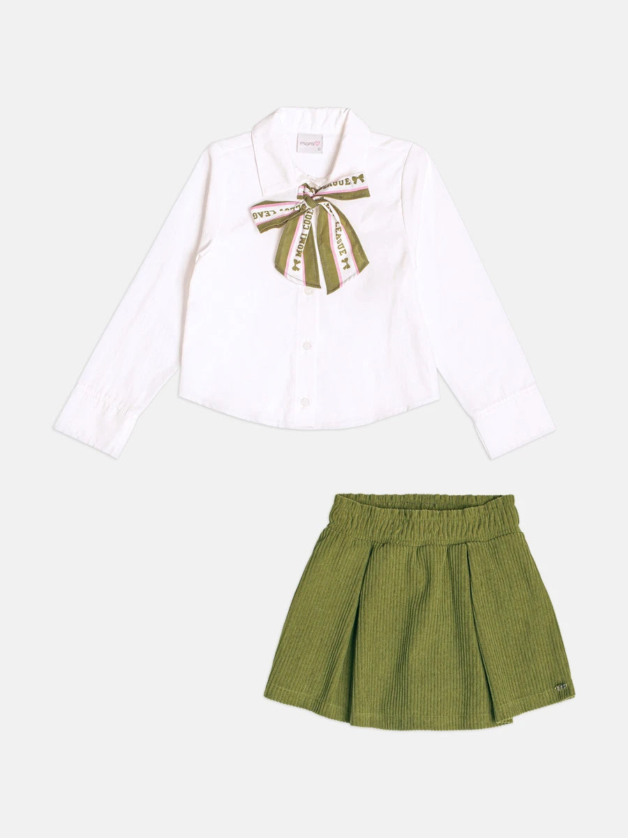 Conjunto Infantil Momi Inverno com Shorts Saia Verde e Blusa Manga Longa Lacinho