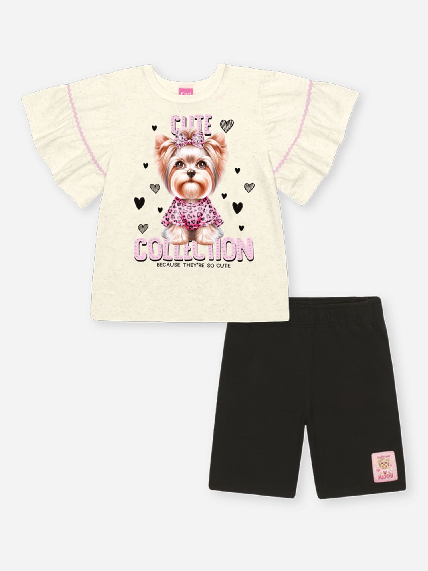 Conjunto Infantil Cinti Verão com Shorts Ciclista Preto e Blusa Off White Cachorrinha