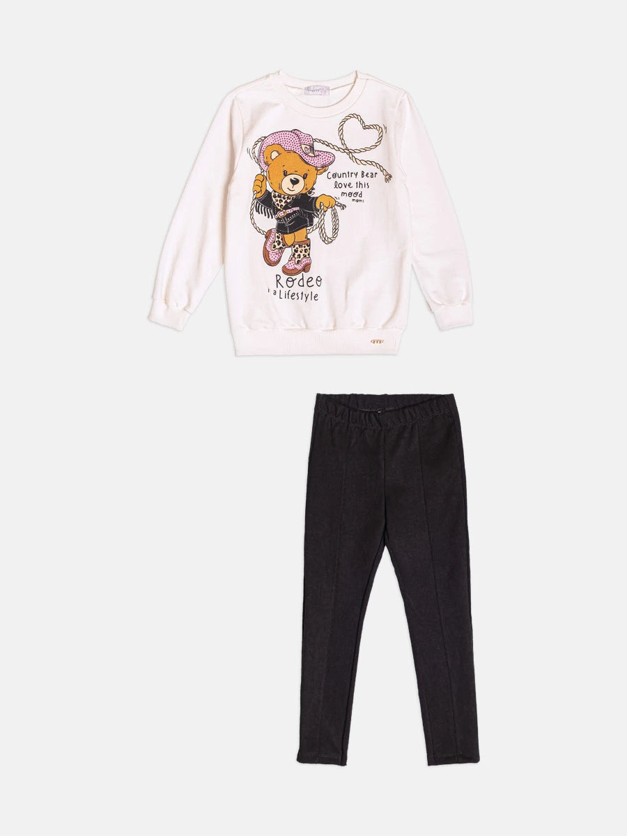 Conjunto Infantil Momi Inverno com Calça Legging e Moletom sem Flanela Branco Country Bear