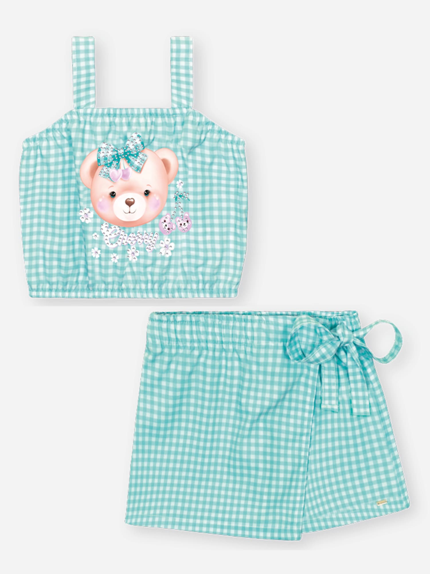Conjunto Infantil Cinti Verão com Shorts Saia e Cropped Xadrez Azul Ursinha