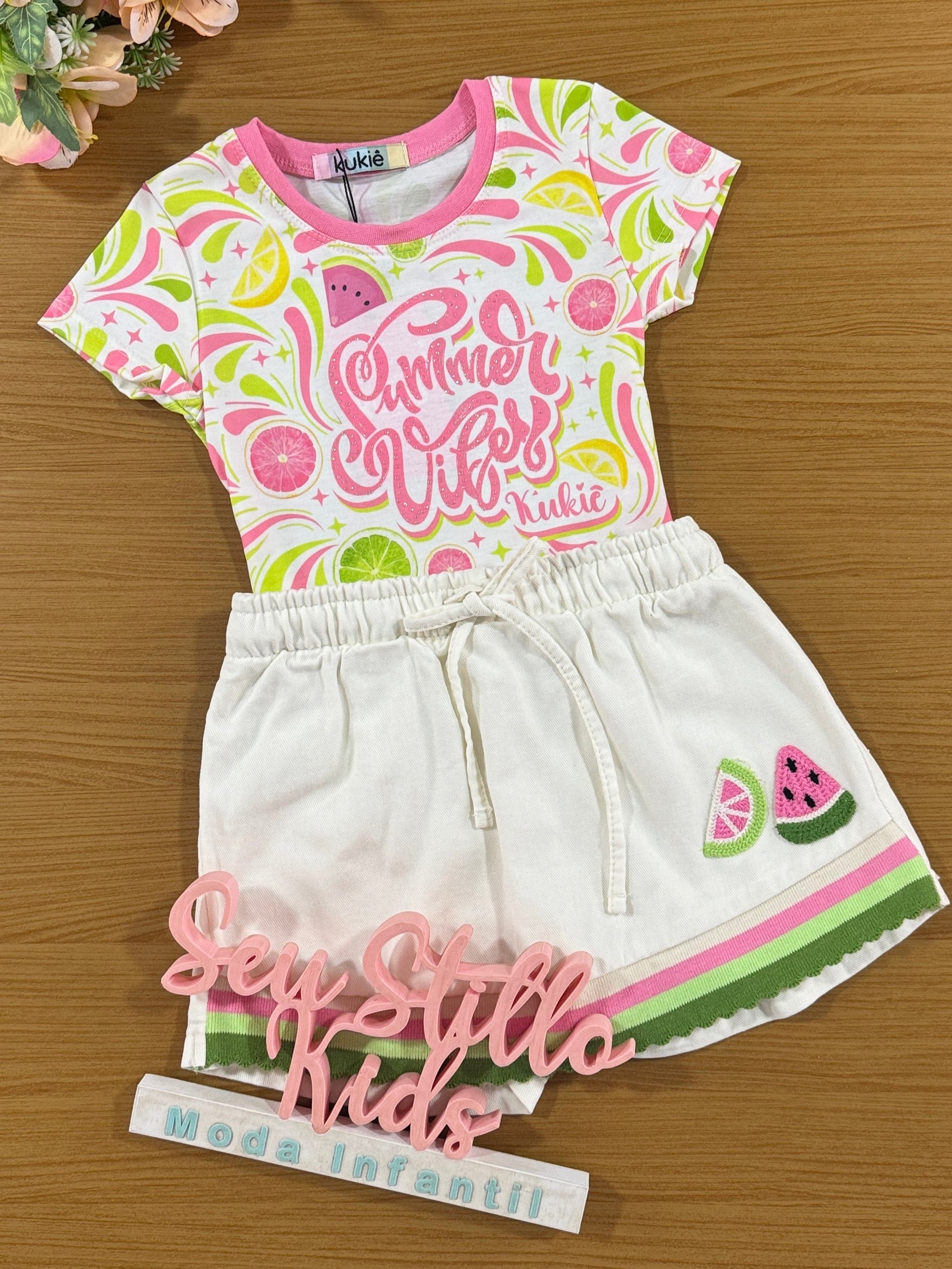 Conjunto Infantil Kukie Verão Shorts Saia e Blusa Melancia