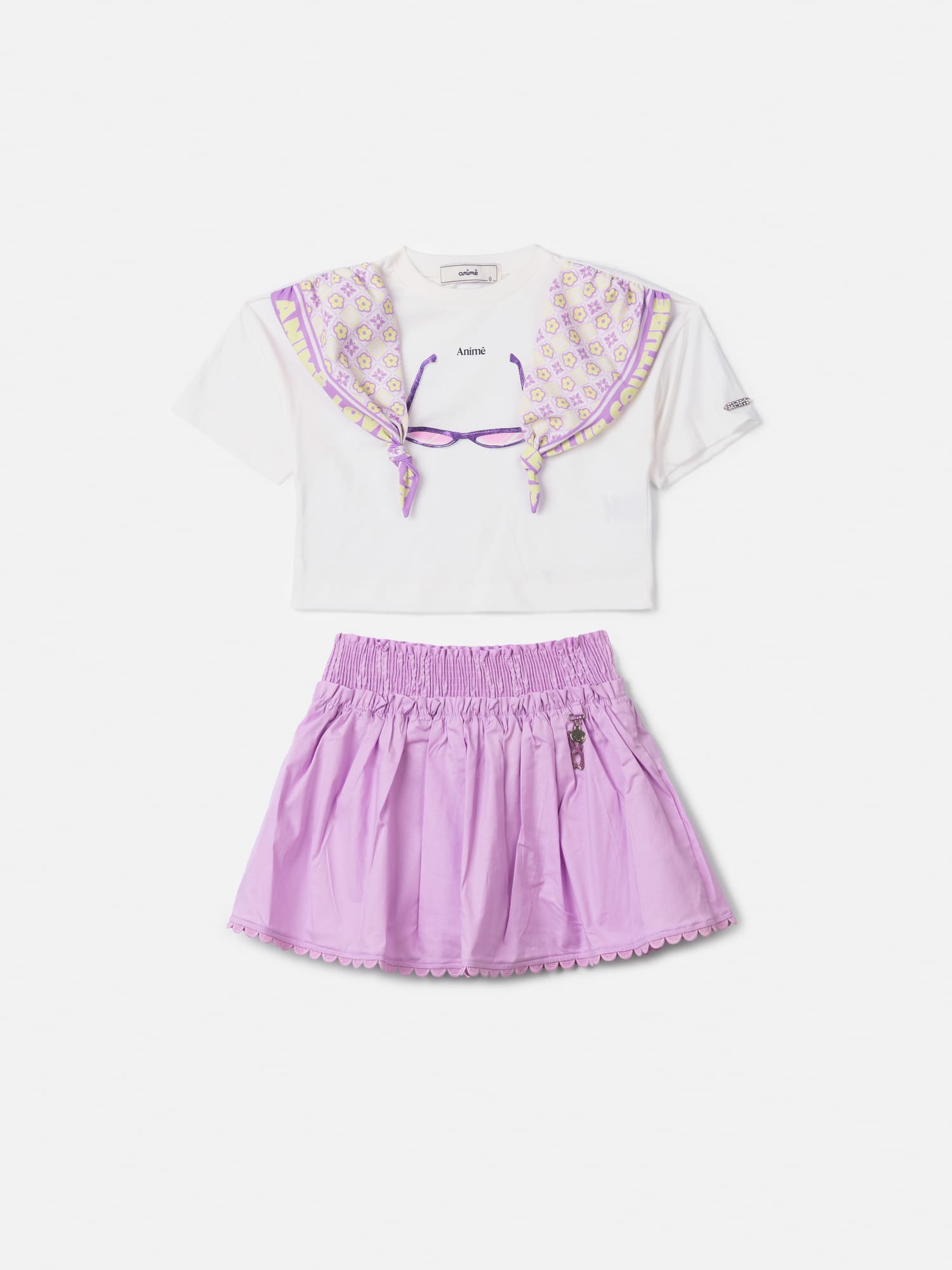Conjunto Infantil Animê Verão com Saia Lilás e Blusa Branca Fashion
