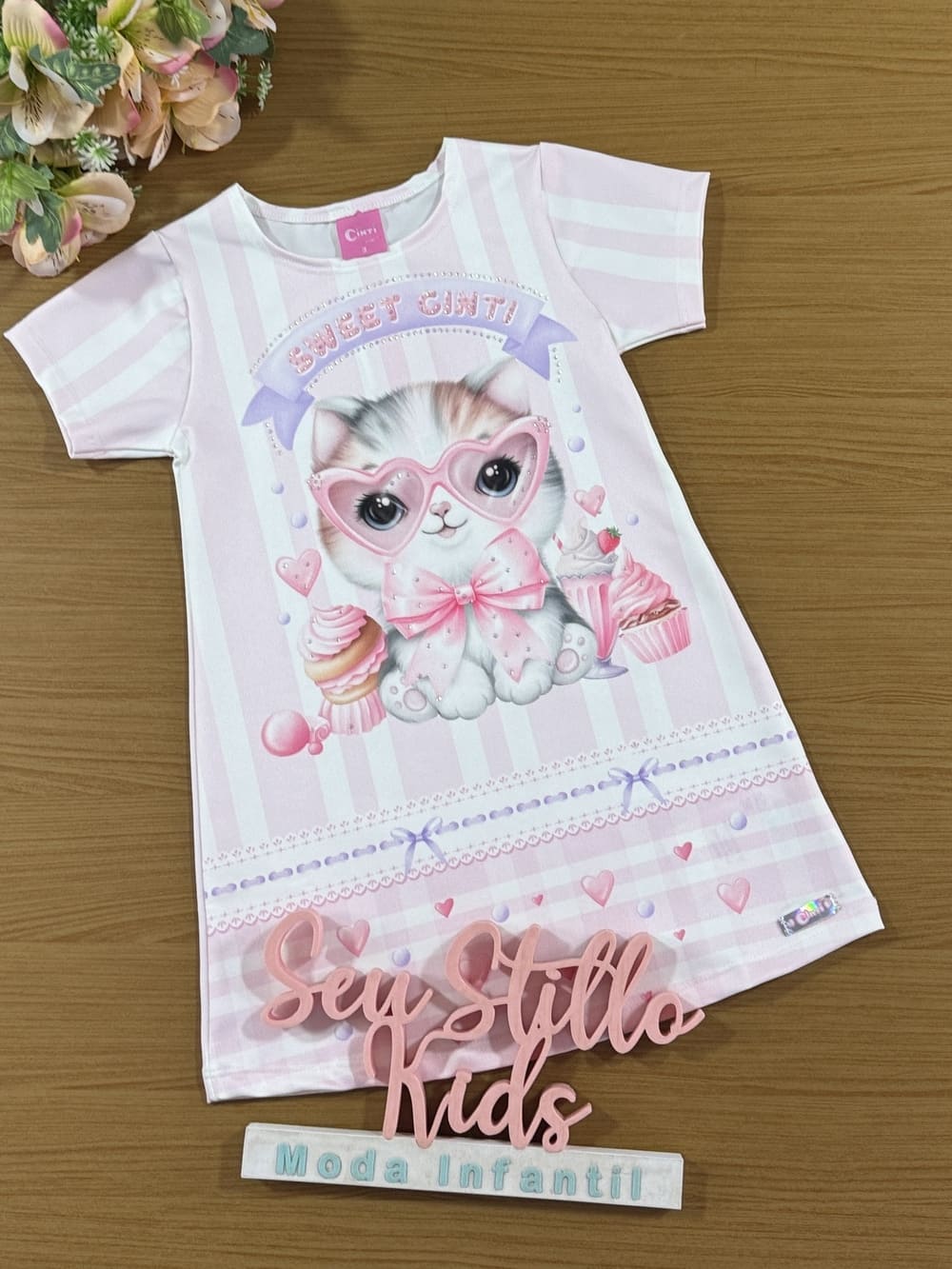 Vestido Infantil Cinti Verão Rosa Listrado Gatinha