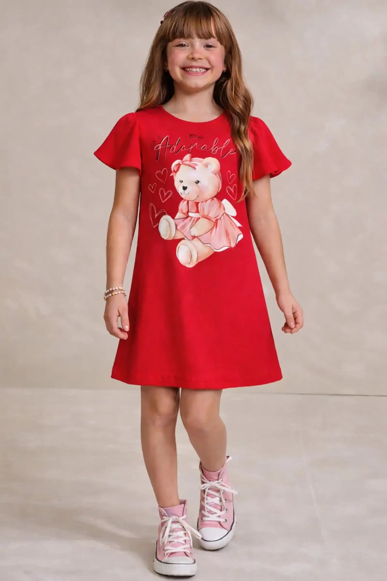 Vestido Infantil Kukiê Vermelho Ursinha Corações