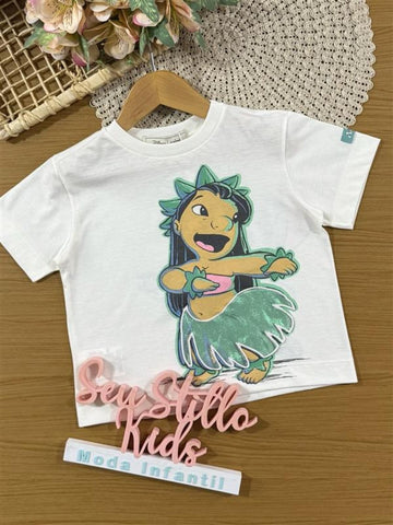 Blusa Infantil Animê Branca Lilo e Stitch Hula com Strass Disney