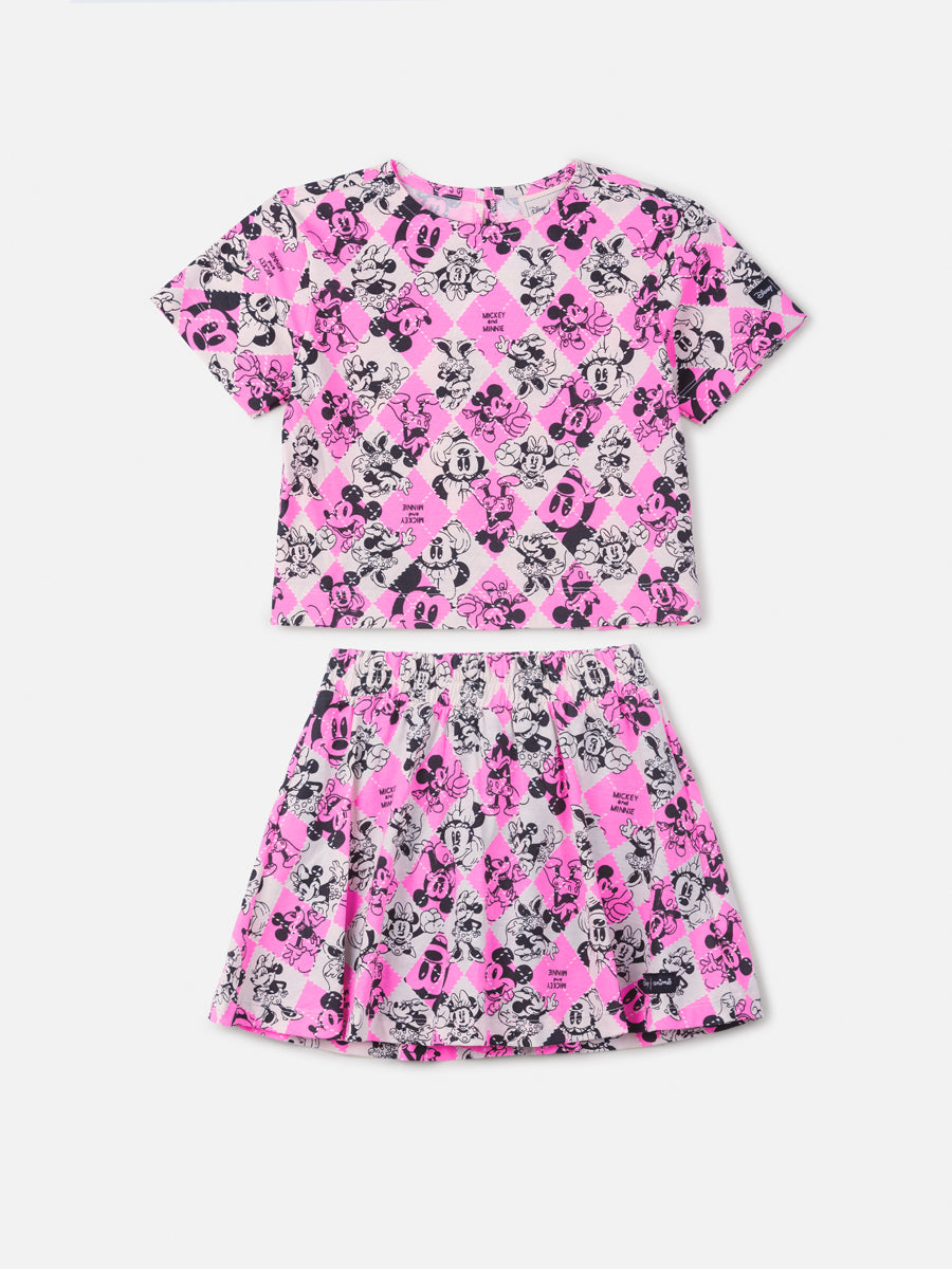 Conjunto Infantil Animê com Saia e Blusa Rosa Xadrez Minnie e Mickey Disney