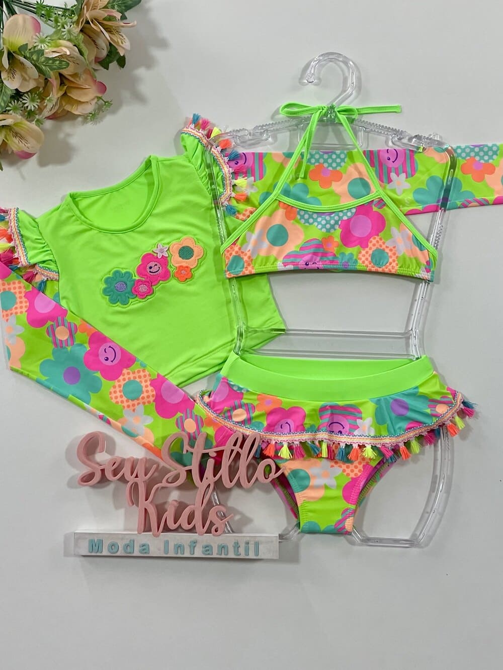 Biquíni Infantil Siri Kids com Cropped Manga Longa Verde Florzinha 39194