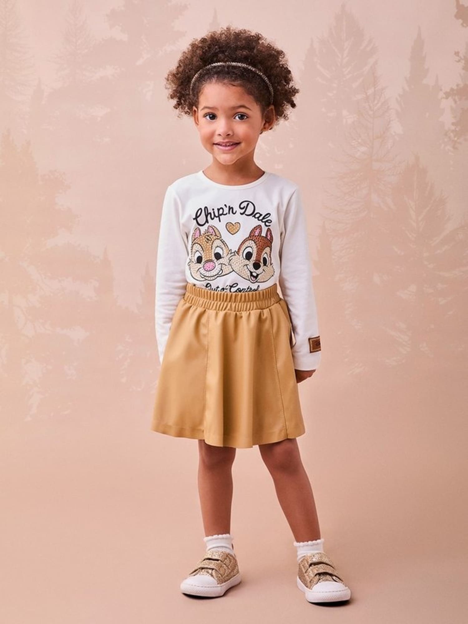 Conjunto Infantil Momi Inverno com Saia Marrom e Blusa Tico e Teco com Strass Disney