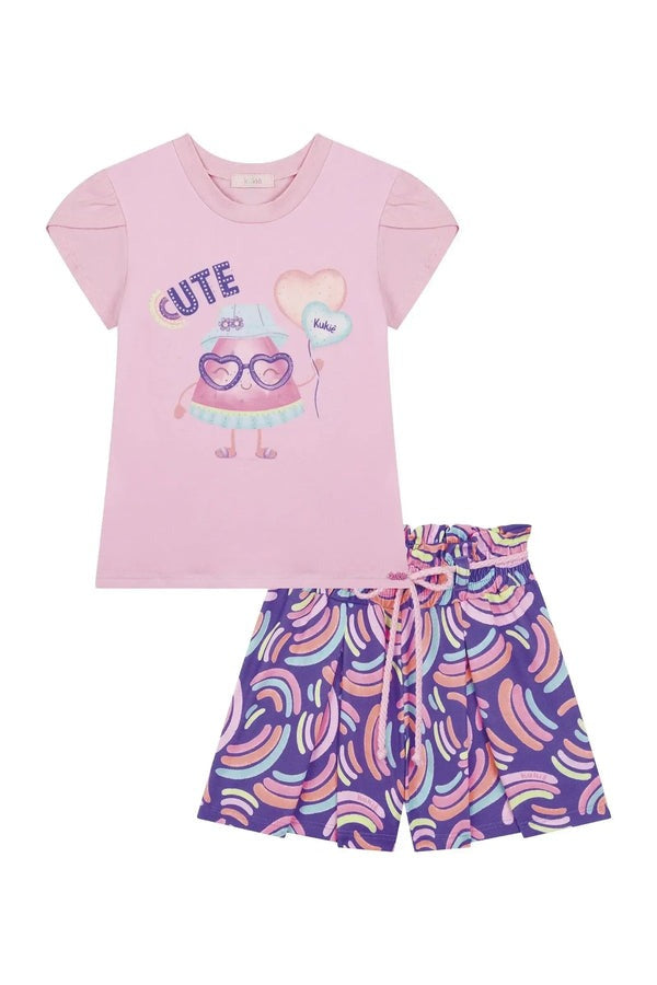 Conjunto Infantil Kukiê Verão com Shorts Roxo e Blusa Rosa Frutinha Cute