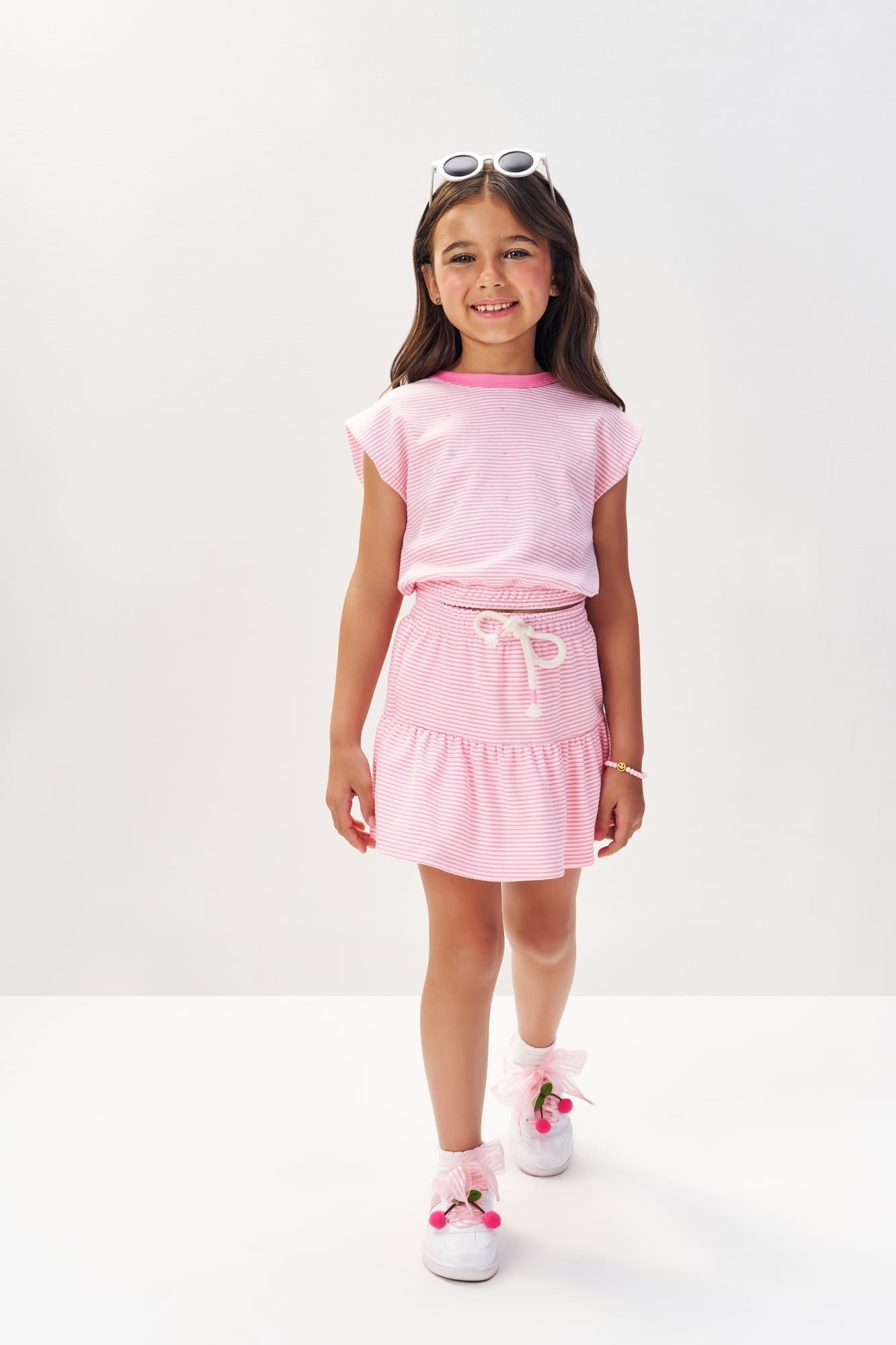 Conjunto Infantil Cinti Verão com Saia e Blusa Rosa Listrada