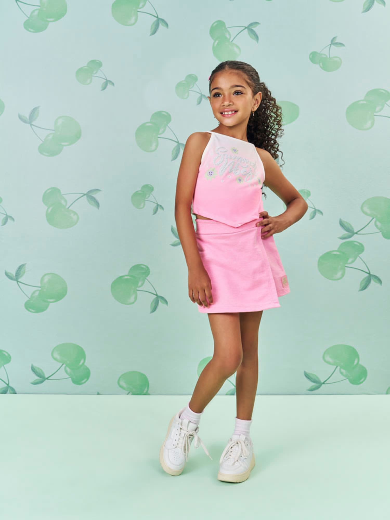 Conjunto Infantil Cinti Verão com Shorts Saia e Blusa Rosa Florzinha com Strass