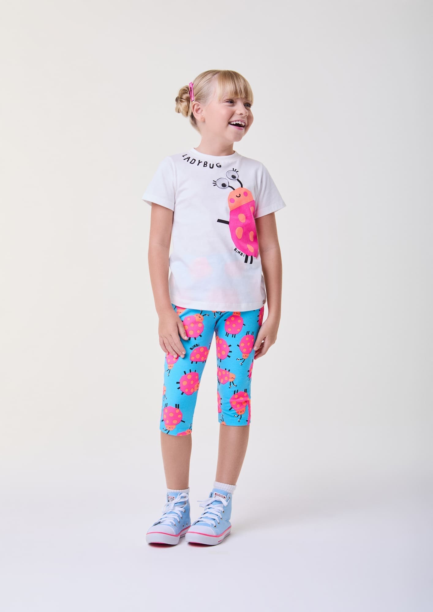 Conjunto Infantil Bimbi Verão com Legging Azul e Blusa Branca Joaninha
