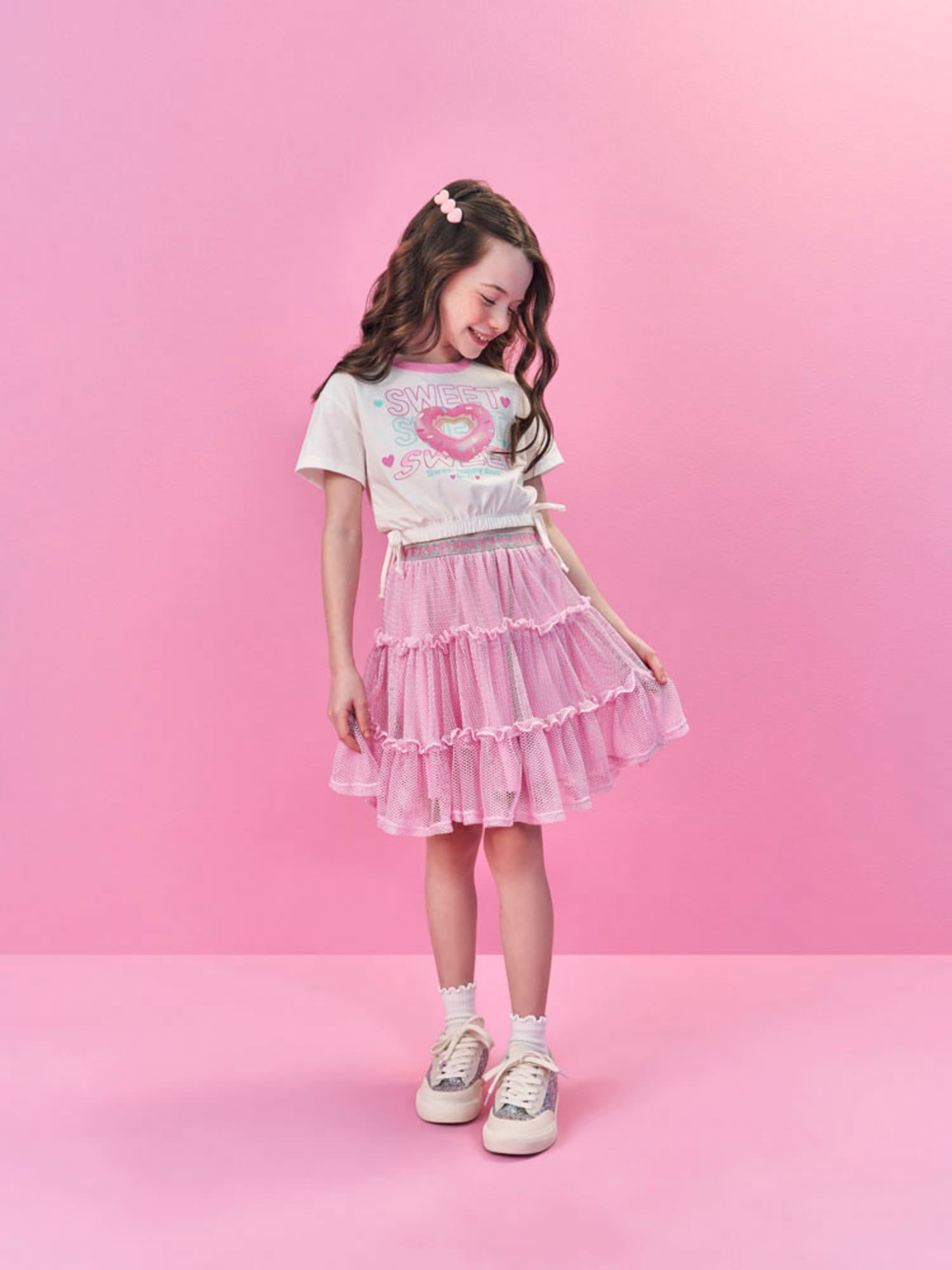 Conjunto Infantil Cinti Verão com Saia Rosa em Tela e Blusa Branca Rosquinha